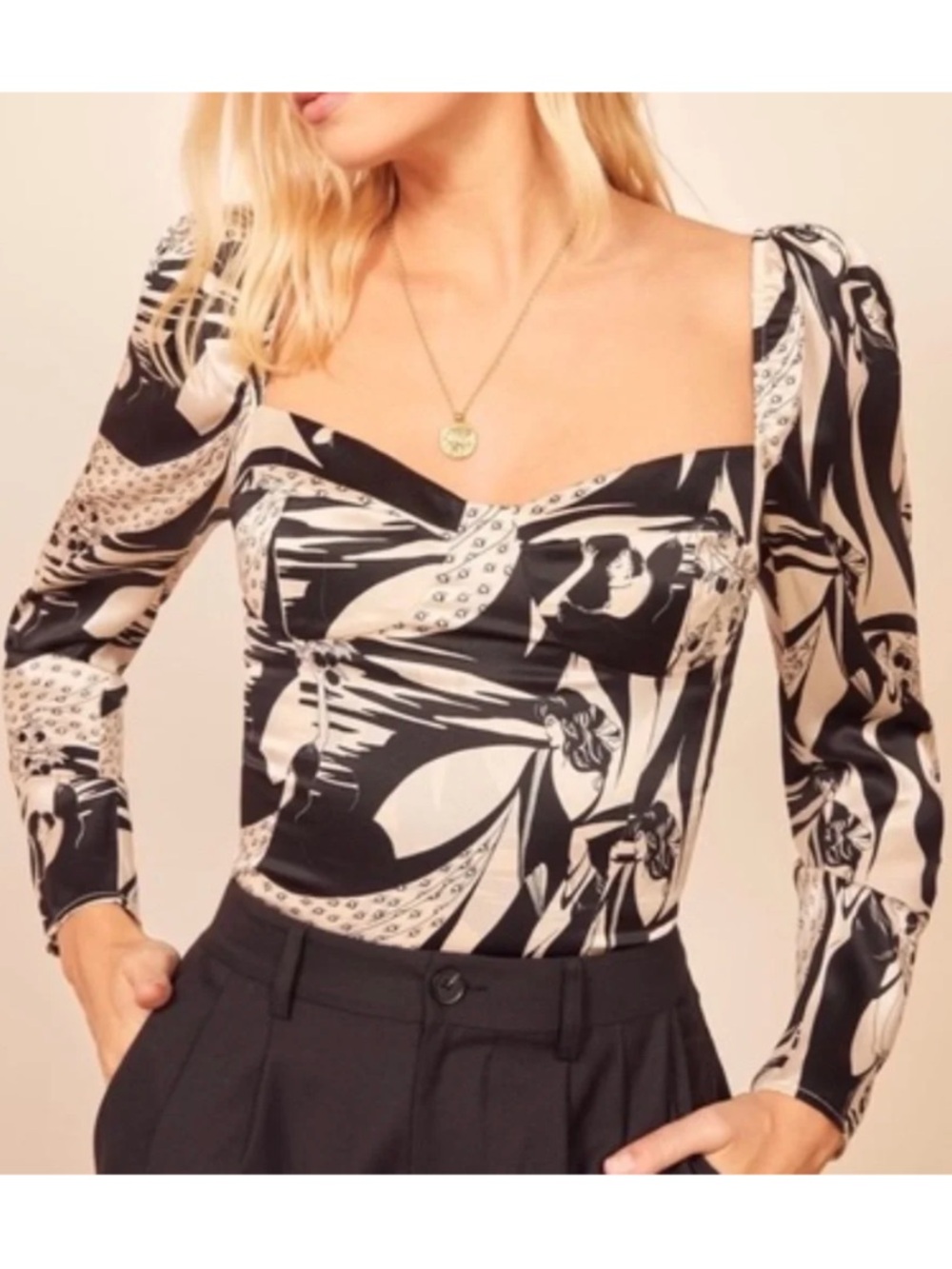 Reformation Silk Pizzaro Top in Black & White Persephone Print | Size 2